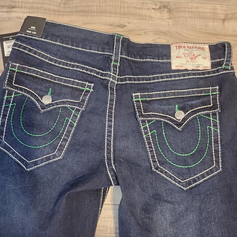 True Religion Geno Relaxed Slim Jeans Mens 36x32 Dark Wash Flap Pocket NEW $204